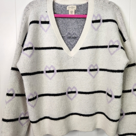 Jessica Simpson White Purple Stripe V-Neck Sweater Fuzzy Stretchy Size XL New - Picture 2 of 7